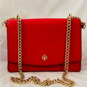 Tory Burch Emerson in red shoulder crossbody bag with gold chain strap